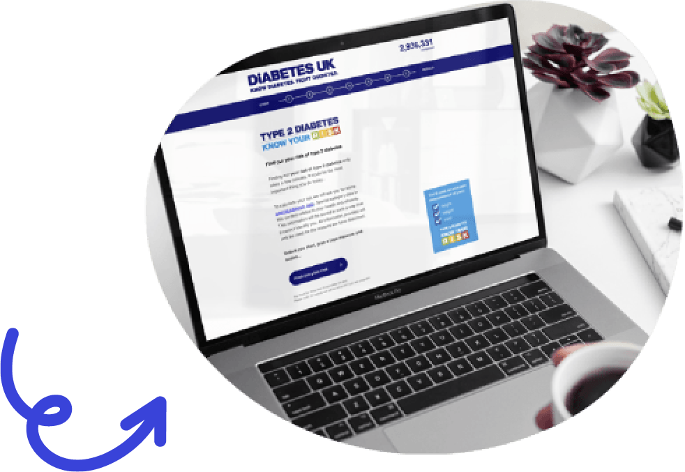 Blue squiggly arrow pointing at a blob shaped image of the Diabetes UK 'Know Your Risk' Tool on the screen of a MacBook computer
