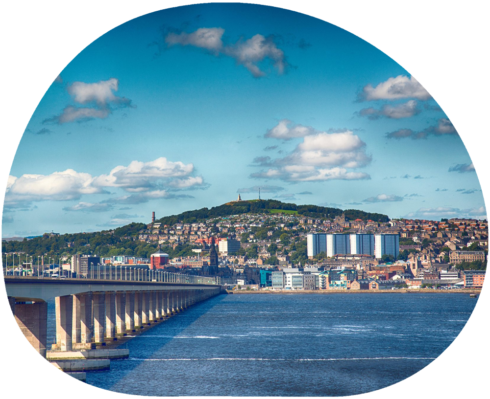 blob shaped image of Dundee, Scotland, with the river Tay and Tay bridge in the foreground